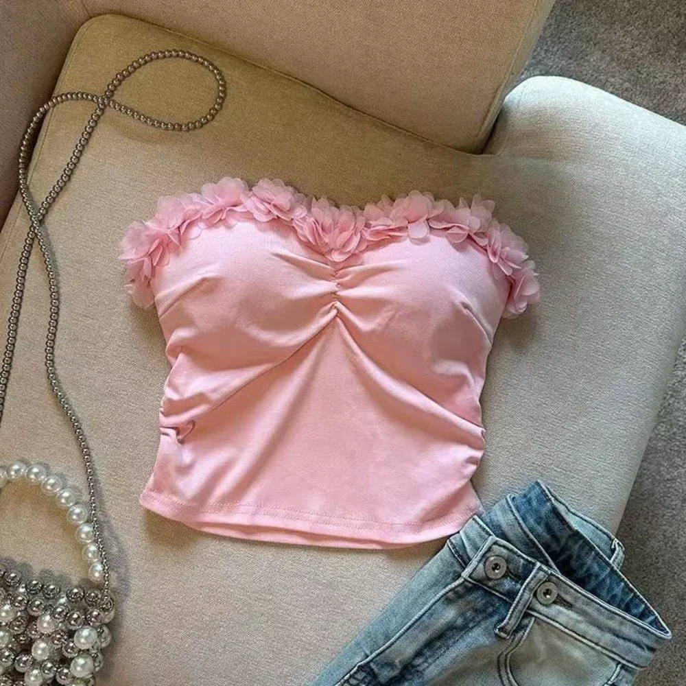 Socialite Style 3D Flower Camisole 3D Flower Decoration Slim Fit Tanks Suspender Vest Sleeveless Wrap The Chest Crop Tops