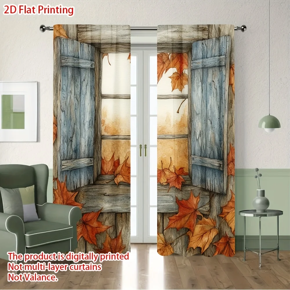 2PCS Thanksgiving Fall Curtains, Wooden Door Maple Leaf, Digital Print, Bedroom Living Room, Office, Kitchen, Bathroom
