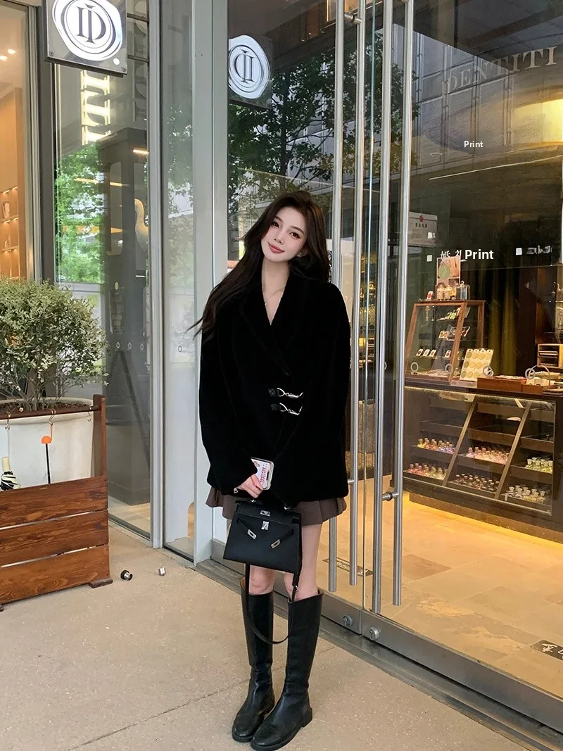 Pelliccia di agnello ebano tono freddo Jaet Cappotto invernale da donna in pelle integrata Thiened Cappotto in pelle eepskin Coreano Sle Pendolarismo Vento