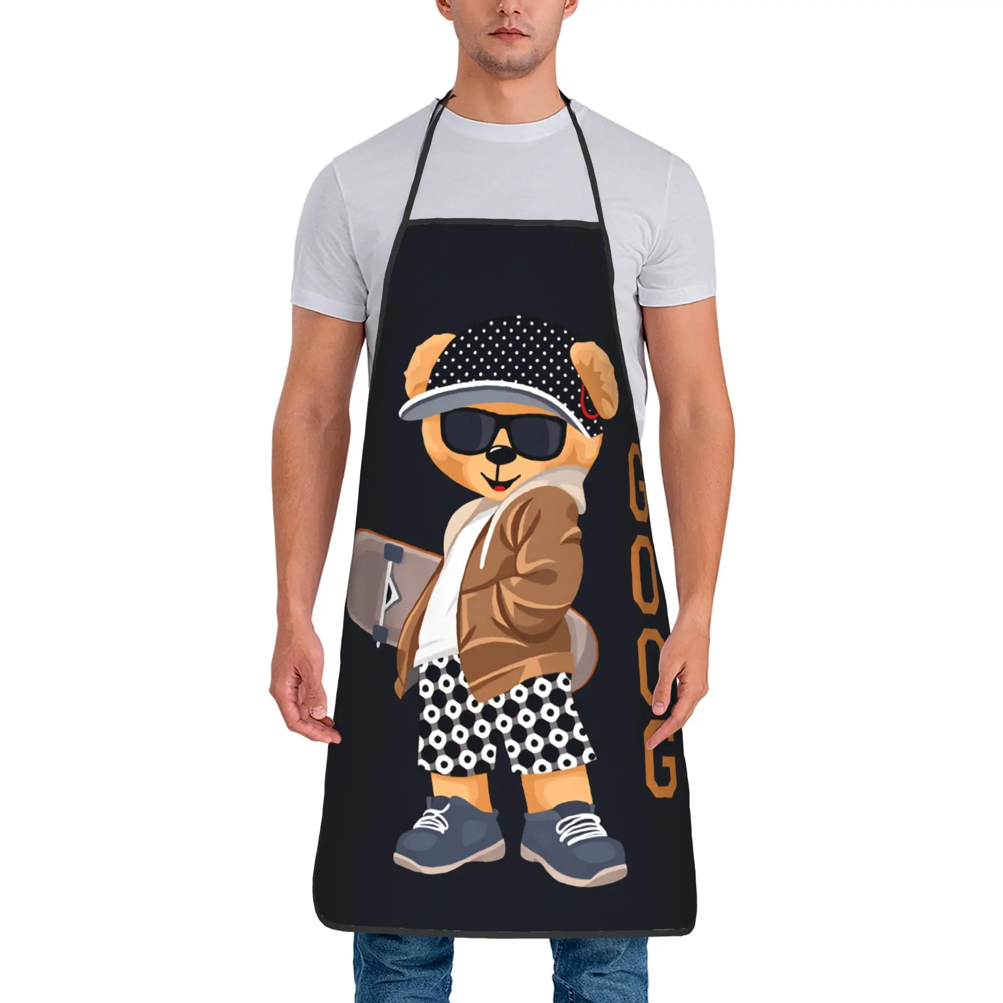 

Фартук с принтом «Мишка играет в бадминтон» — милый кухонный аксессуар для готовки, ресторана, маникюра, без карманов