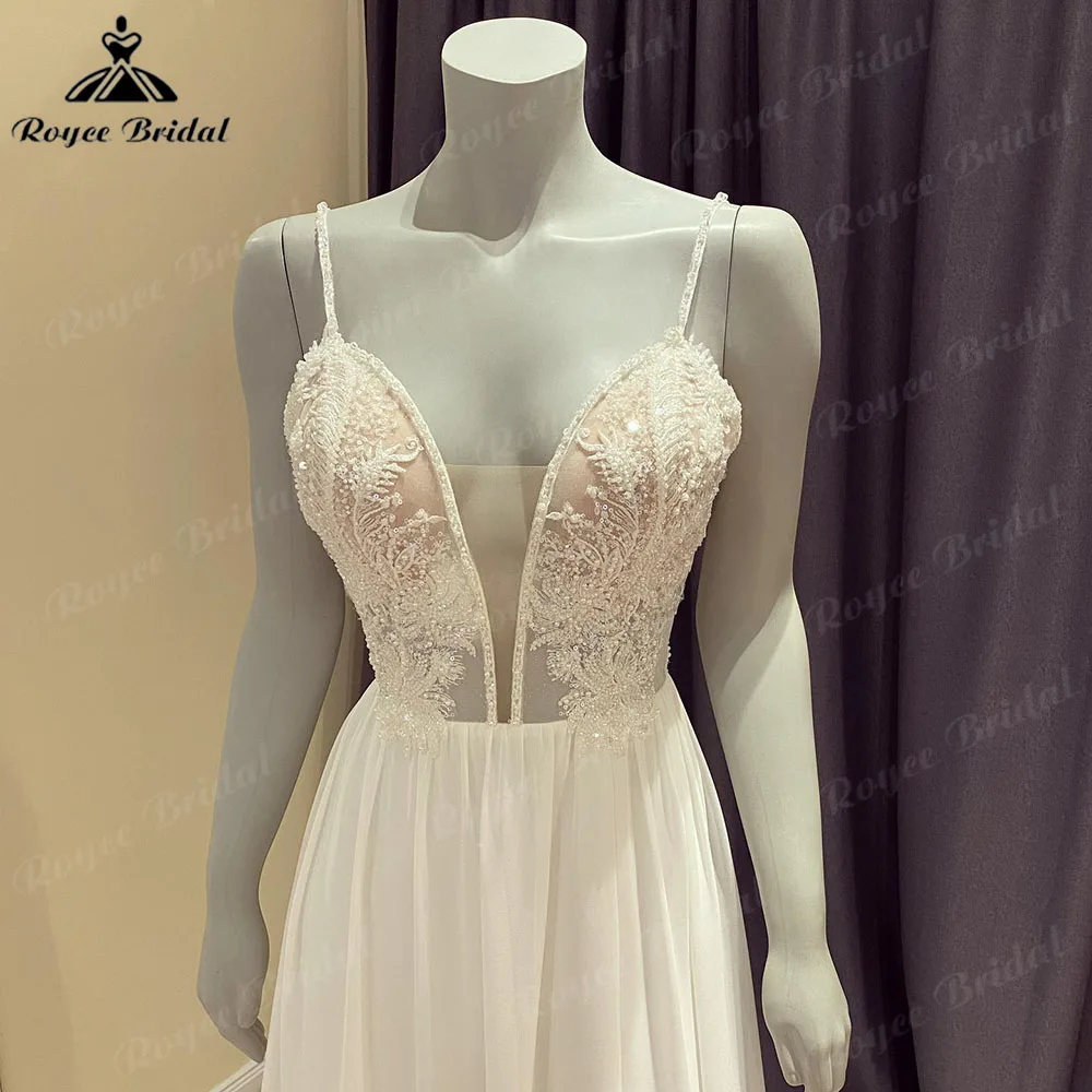 Sexy Plunging Split Side Deep V Neck Lace Boheme Boho Chic Wedding Dress 2024 Chiffon Spaghetti Straps Beach Bridal Gown Robe