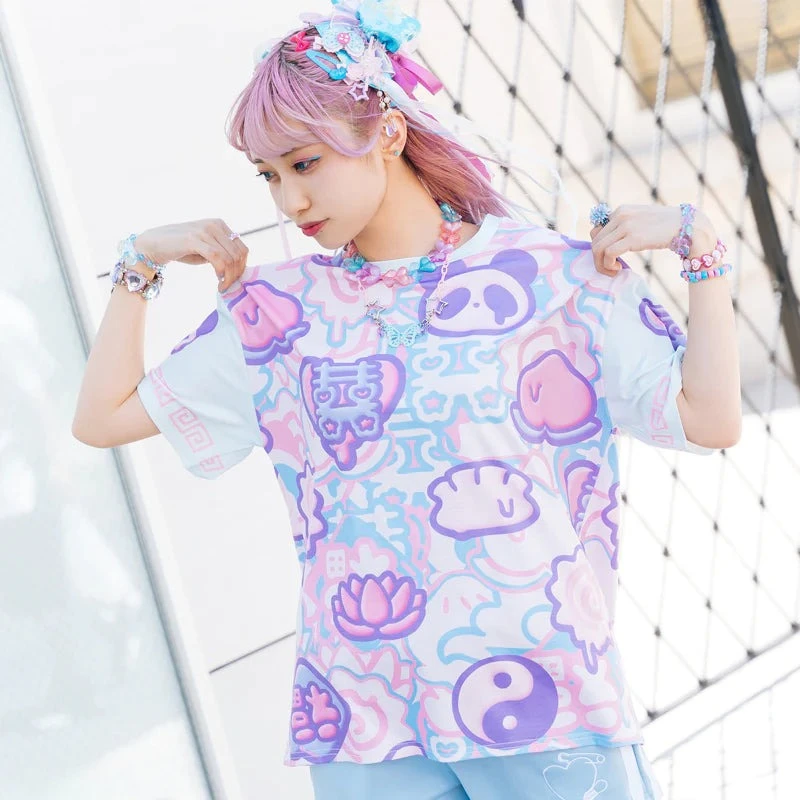 Sommer Neuheit Rosa-Lila Farbverlauf Chinesisches Panda-Motiv Mädchen T-Shirt 2026 Weich Niedlich Neuer Chinesischer Volldruck Große Kurzarm-Größe