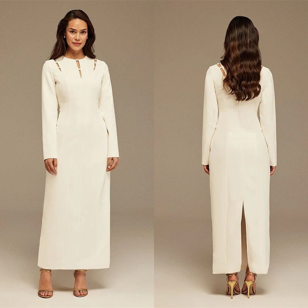 

Customized Temperament White Jersey Evening Dress Delicate Crew Neck Long Sleeves Cocktail Dress Classic Zipper Back Party Dres