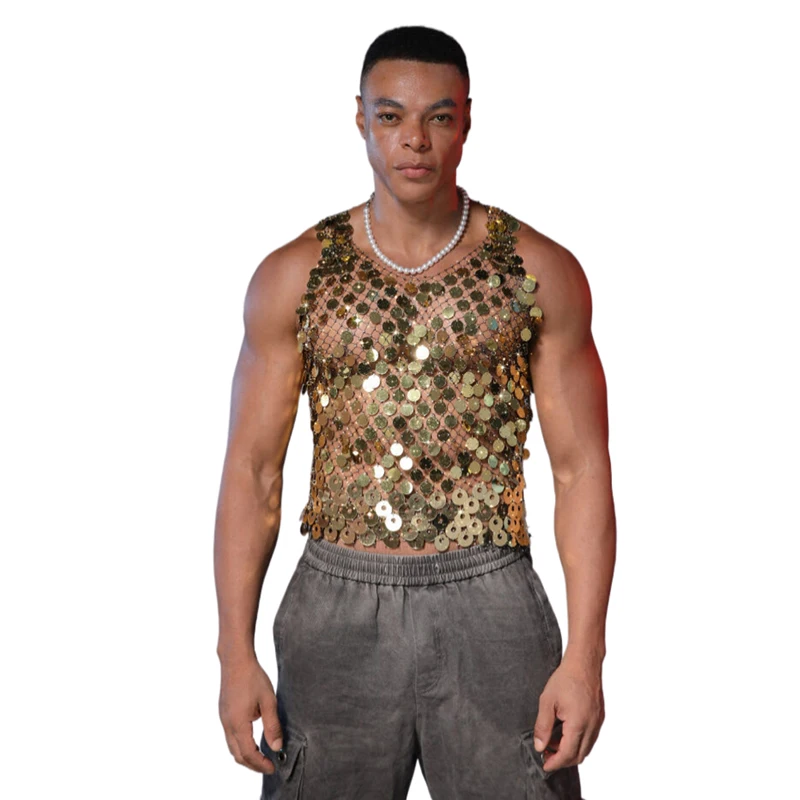 Herren Pailletten-Tanktop Ärmellos Transparentes Netz-Oberteil Ausgehöhlt Nachtclub Party Festival Rave Mode Y2K Top футболка+женская – Detail 3