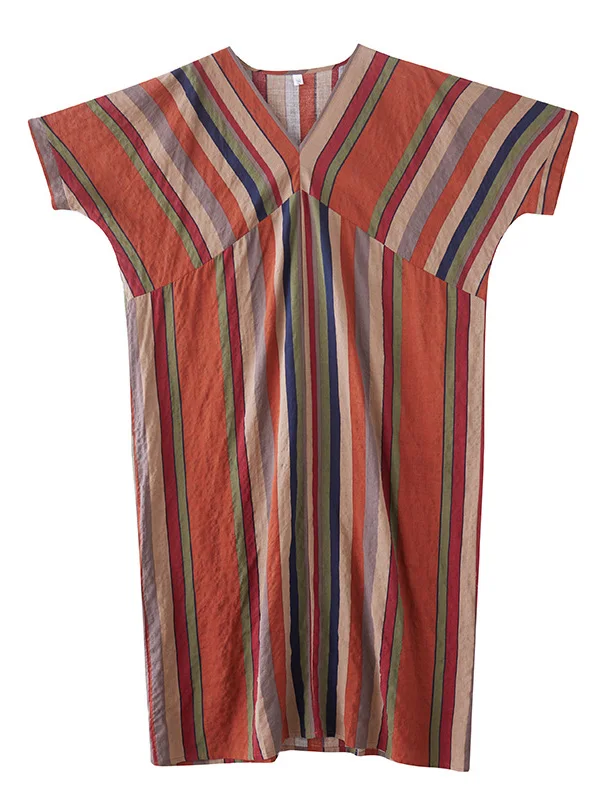 กระโปรงยาวทรงหลวมพิมพ์ลายผ้าฝ้ายลินินสำหรับผู้หญิงไซส์ใหญ่ ทรงวี คอวี แขนสั้น สไตล์เรโทร เหมาะสำหรับใส่ไปทำงานในฤดูร้อน