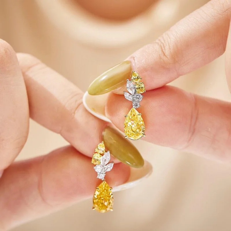 Europe America Fashion Style High-end Jewellery Women Lady Inlay Pear Shaped Yellow Cubic Zircon 925 Silver Needle Earrings