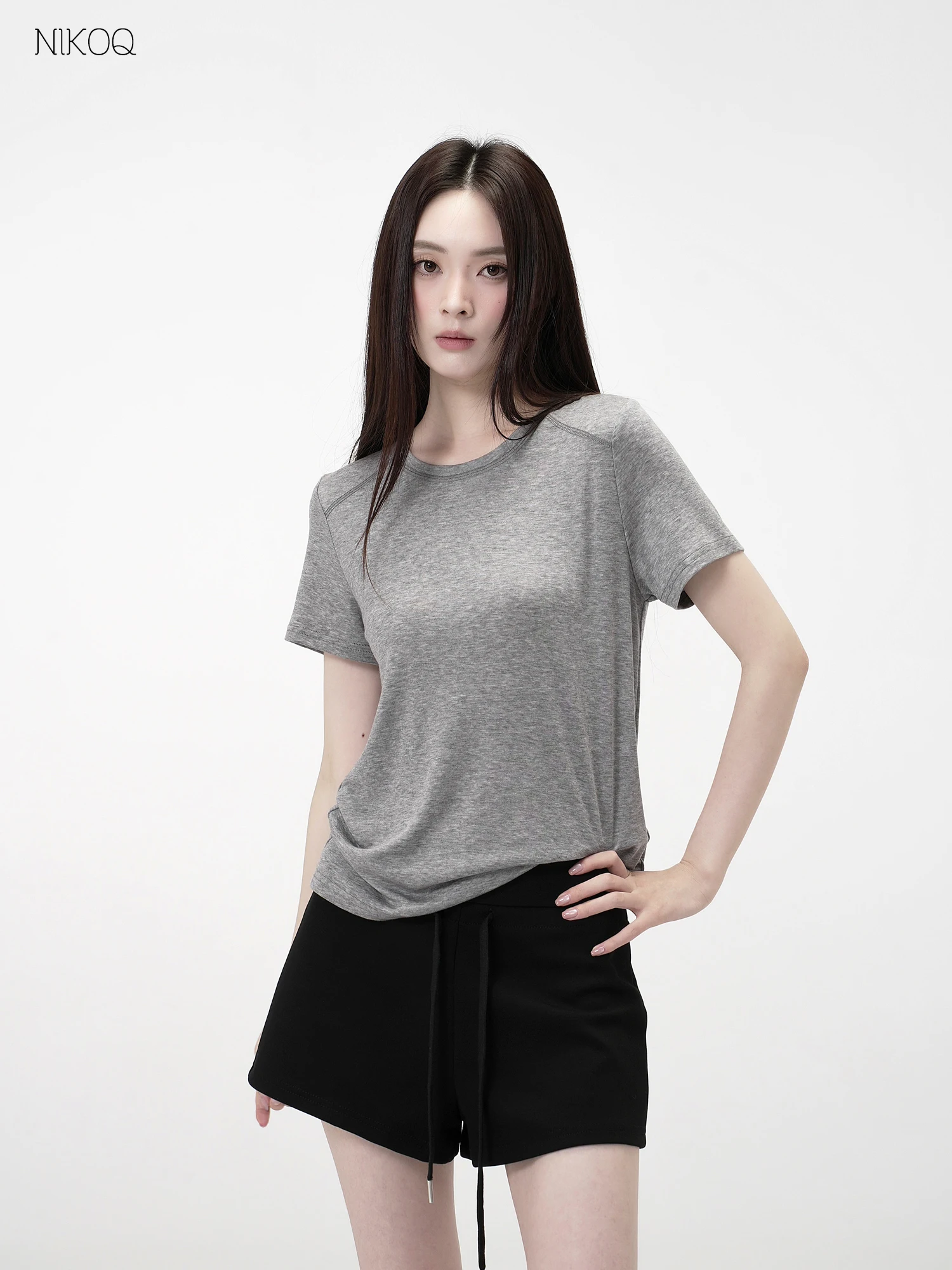 

Nikoq Ultra Soft Drapey T-irt Women's Summer ey Top Thin ort Sve Lenzing Wool Blend Loose Fit round Ne T-irt