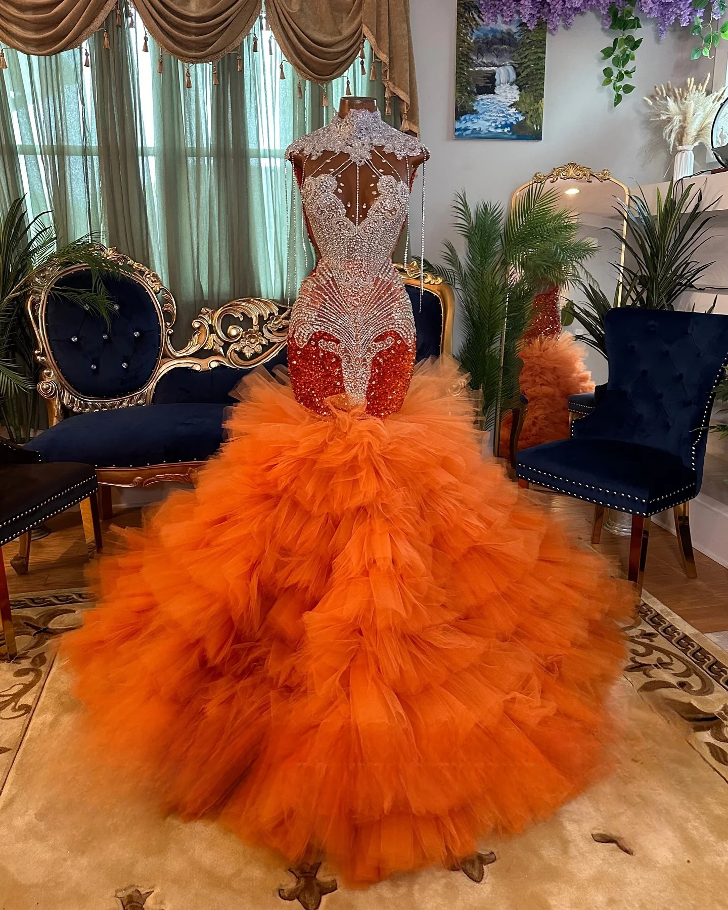 

Orange Sparkly Sequined Prom Dresses Long for Women 2025 High Neck Beading Crystal Formal Evening Gowns