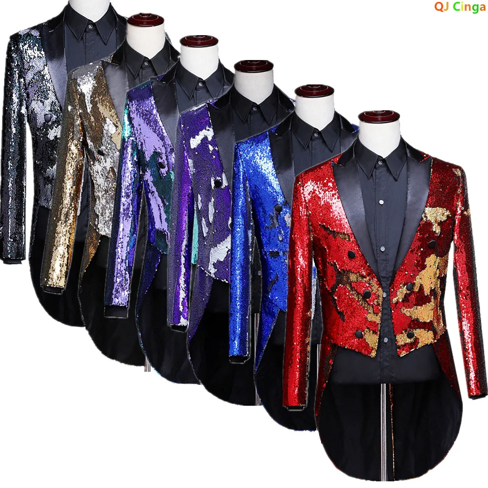 

Asian Size Men's Gold-Red Tuxedo, Wedding/Party/Performance Long Jacket, Round metallic sequin embellishment Slim-Fit Outerwear.