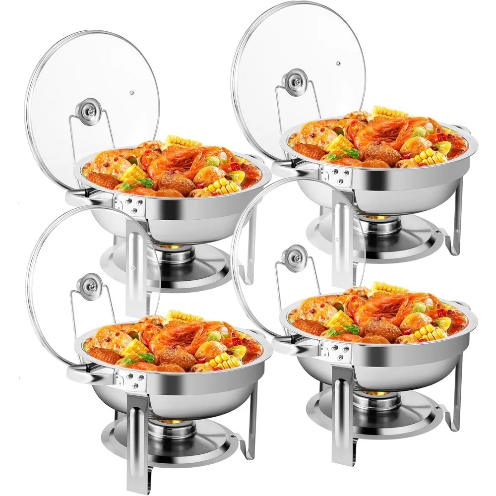 

YORKING 4 Pack 4QT Chafing Dish Buffet Set, Round Chafing Dish Buffet Set with Glass Lid & Holder,Buffet Servers and Warmers Set