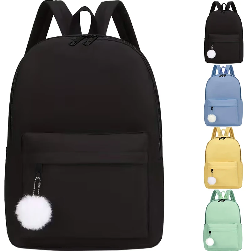 Women Simple Solid Color Backpack Cute Pom Pom Pendant School Bag Lightweight Waterproof Teen Girls Casual Travel Daypack