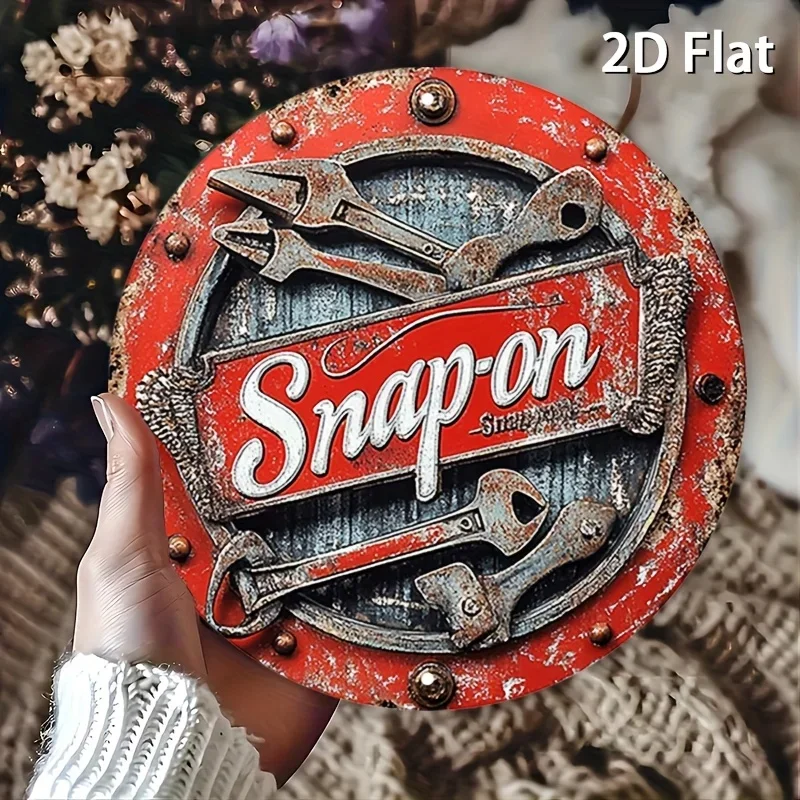 2D Flat 1pc Vintage Metal Sign Snap-on Tools Aluminum Round Poster Bold and Industrial Design Retro Vintage Look Wall Art for Ba