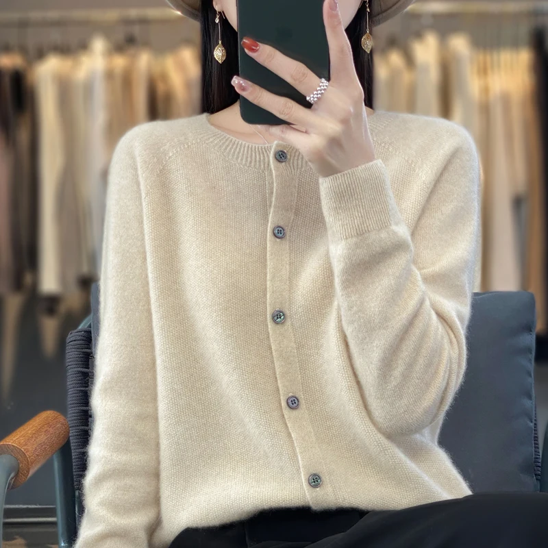 New spring and autumn 100% pure merino wool women\'s round neck cardigan cashmere sweater 2023 women\'s elegant top