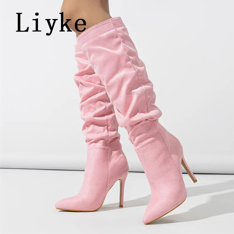 Liyke Sexy Pointed Toe Motorcycle Knee High Boots Women Fashion Pleated Autumn Winter Pink Long Shoes High Heels Botas Mujer