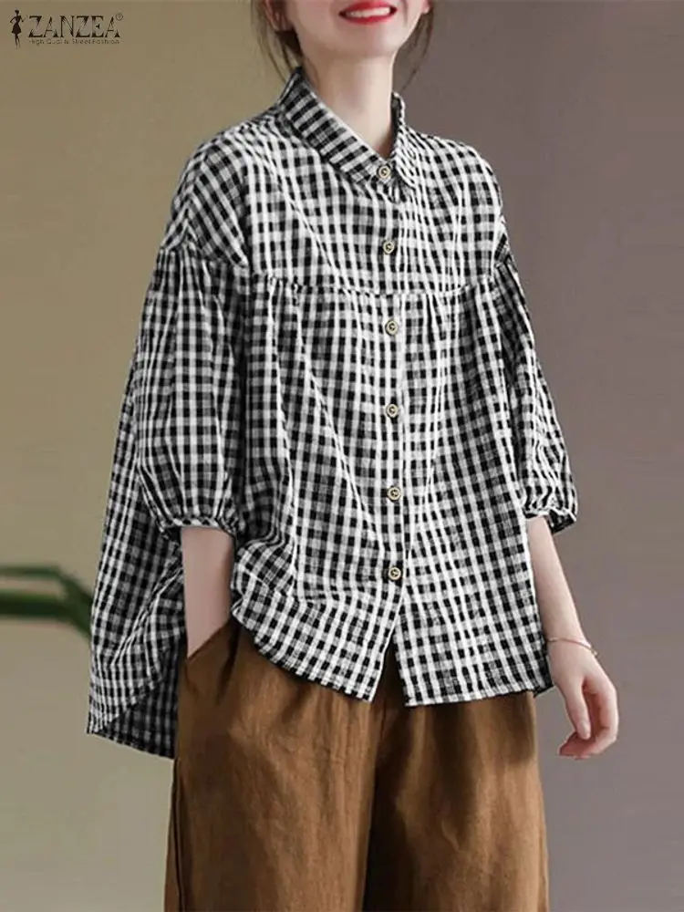 2025年ファッションサマーハーフスリーブシャツ ZANZEA レディース チェック柄ブラウス カジュアルボタンアップトップス ラペルネックブラウス ヴィンテージシャツ