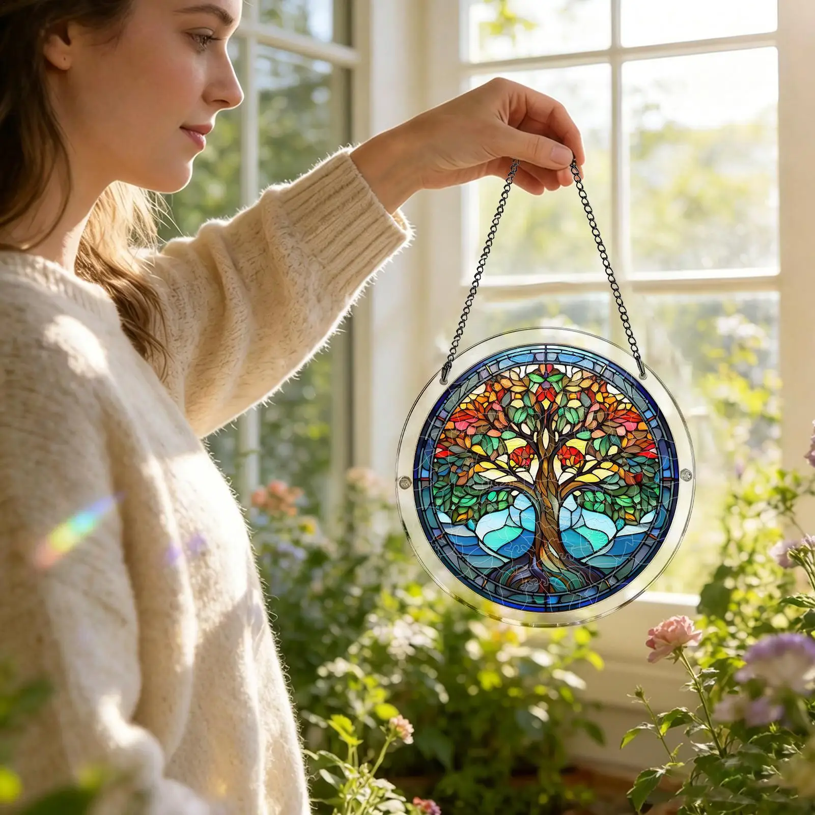 

Tree Puzzle Suncatcher 2D Acrylic Tree Theme Window Decor Colorful Jigsaw Puzzle Sun Catcher for Home Apartment Living Room