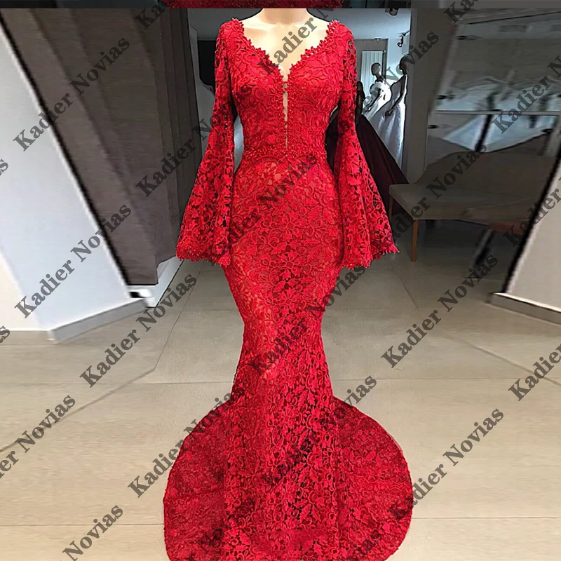 Long Sleeves Red Lace Muslim Evening Dresses V Neckline Customized Special Occasion Party Dress vestidos de fiesta elegantes