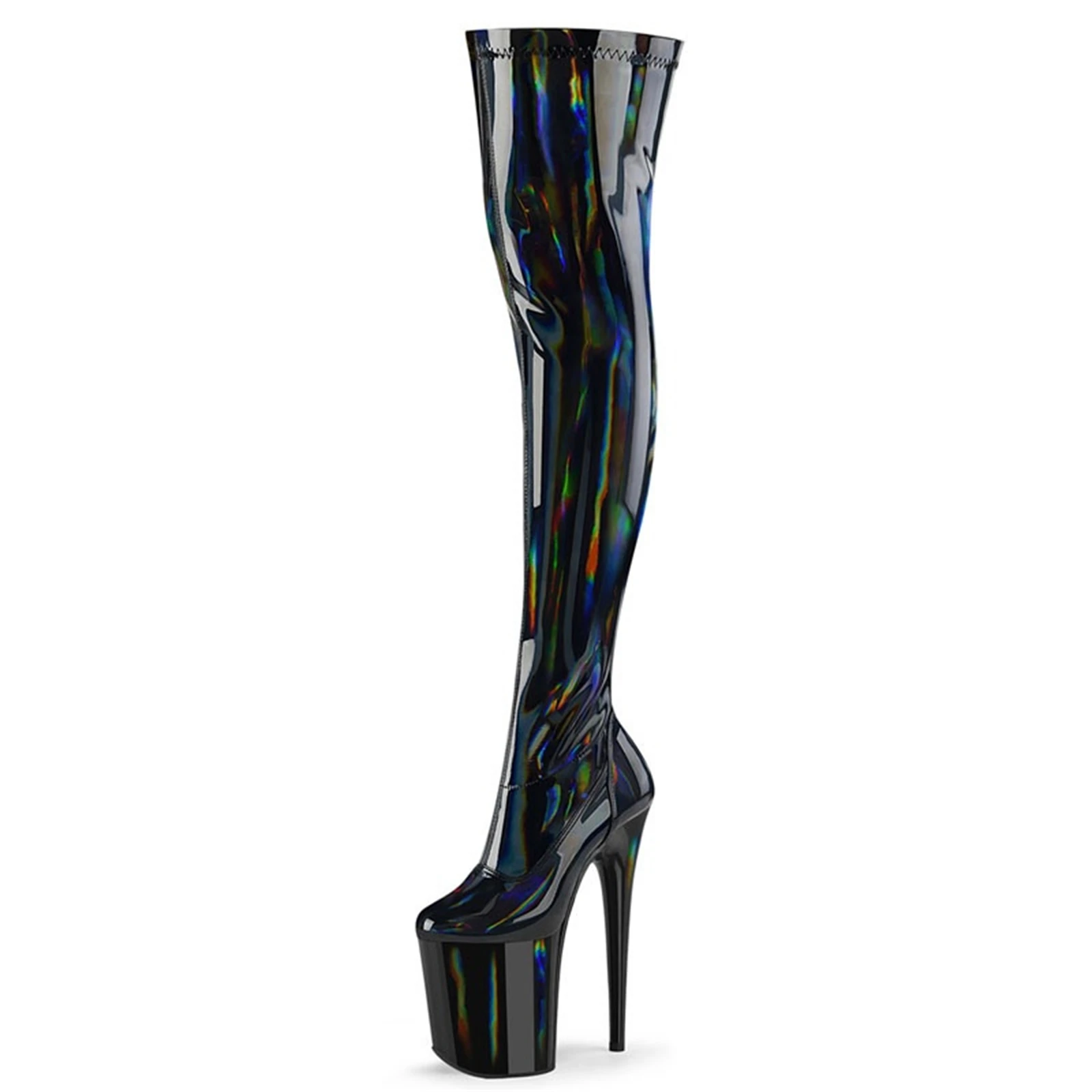 

20CM RAINBOW SHINE Pole Dance Boots - Iridescent Black Patent Leather Over Knee Stiletto with Chunky Platform