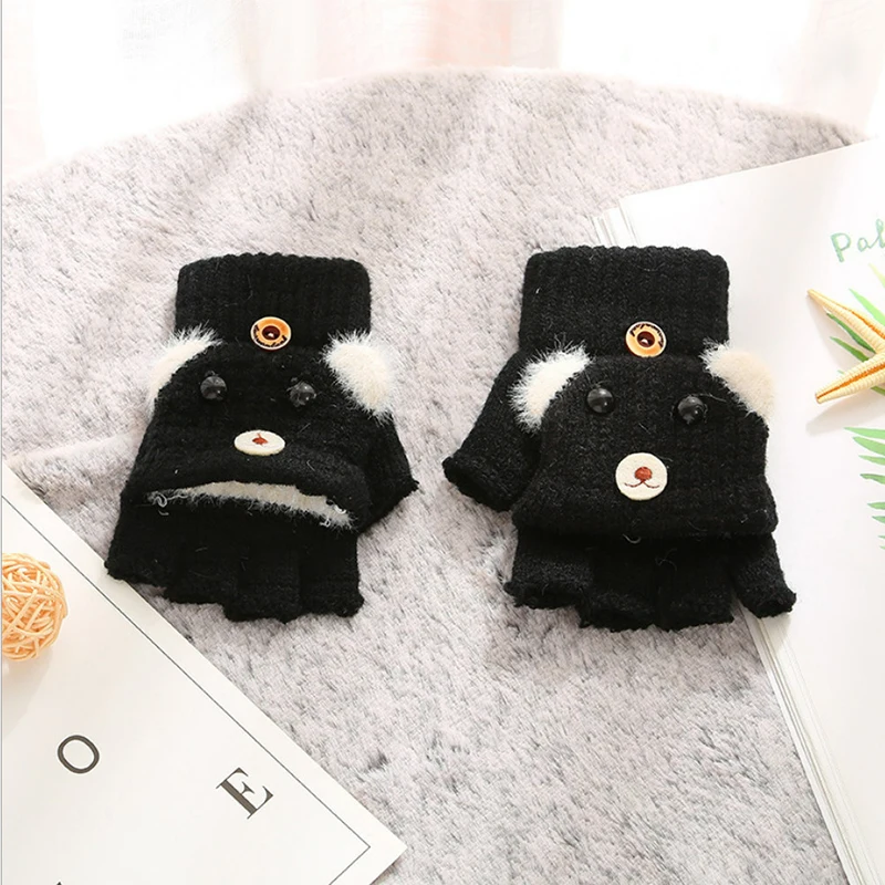 New Winter Kids Gloves Cute Bear Knit Gloves Imitation Cashmere Writing Riding Mitten Flip Cover Half Finger Children Warm Glove