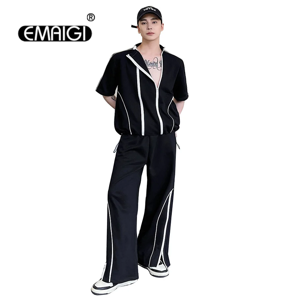 

2 Pieces Sets Men Casual Sports Double Zipper Stand Collar Short Sleeve Jacket Pant Jogger Sweatpants Male Vintage Coat Trousers