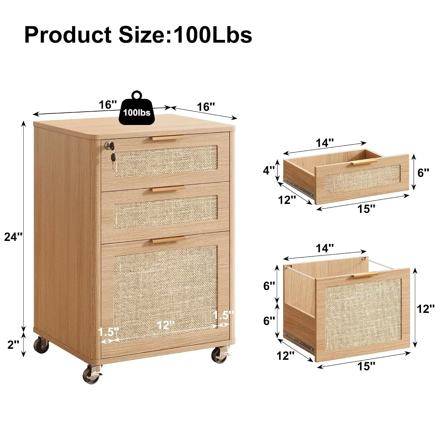 3-Drawer Rattan Mobile File Cabinet with Lock, Rolling Printer Stand, Under Desk Storage for Home Office Letters/A4, Customized