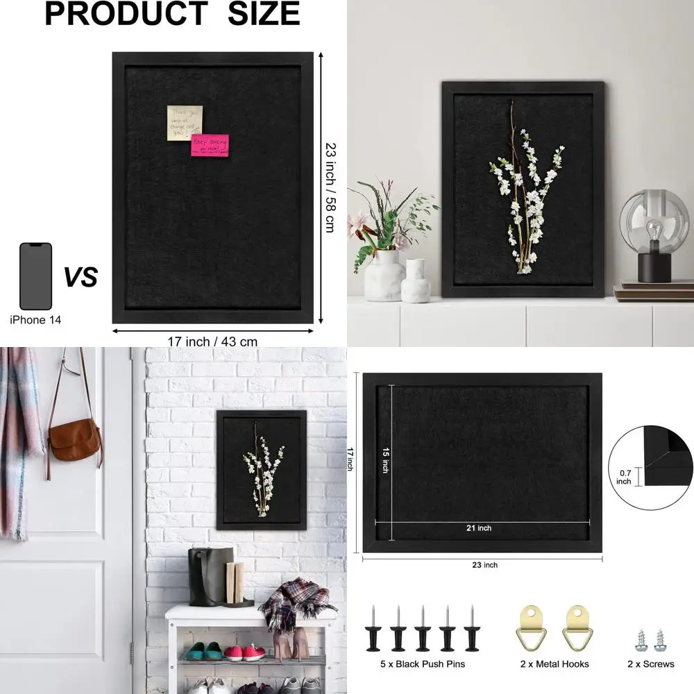 

All-Black 17x23 Wall-Mounted Cork Board with Pins, Eye Bolts, Gaskets, and Screws for Home, School, and Office Use