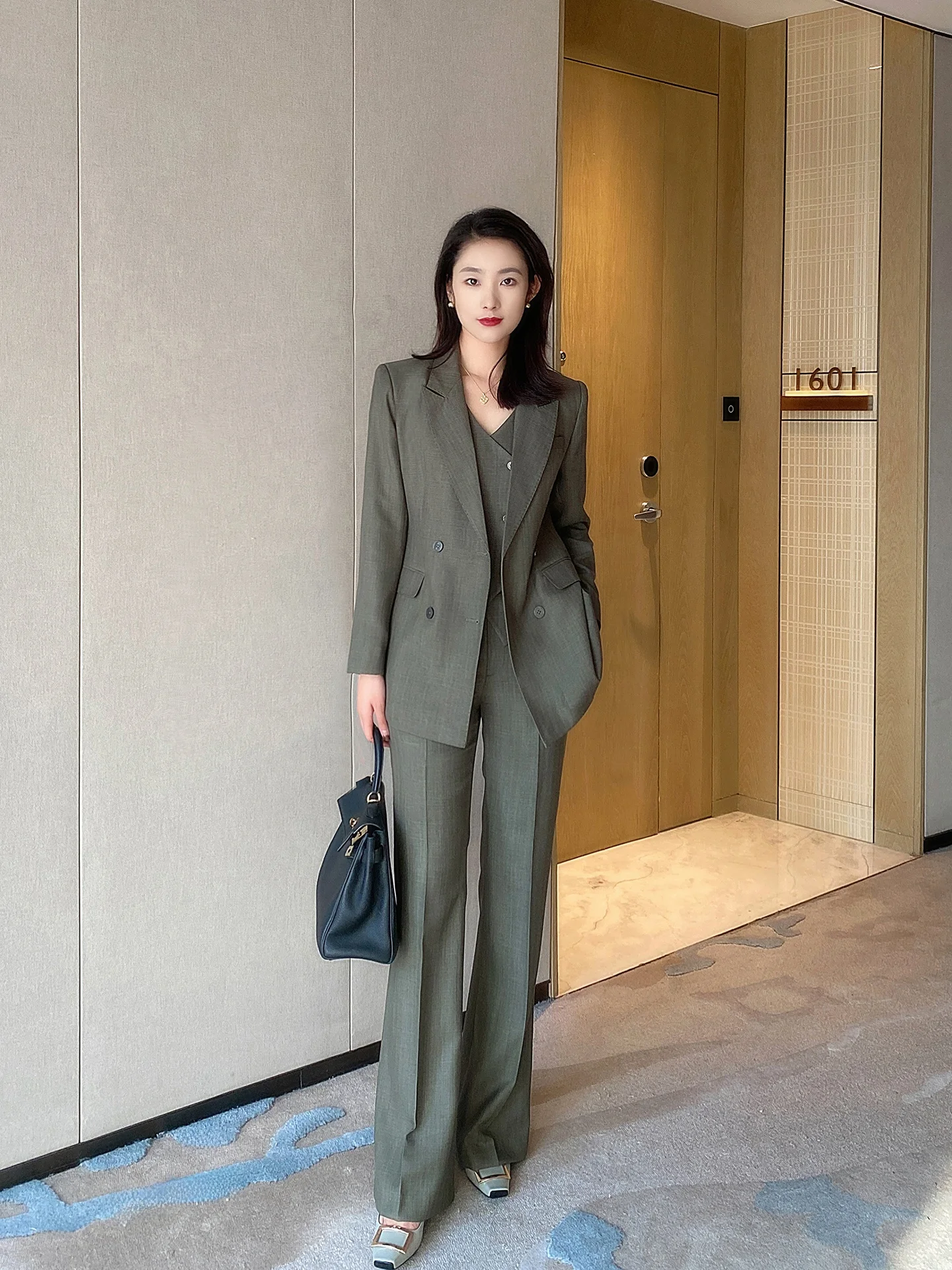 

Ele Military een Tee-Piece Suit Commute Slimming High Waist Flared Pants Profional Office Wear Long Sve Regular...