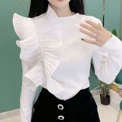 Casual Ruffles Spliced T-shirt Spring Autumn Fashion Diamonds Asymmetrical Women's Clothing O-Neck Solid Color Slim Pullovers