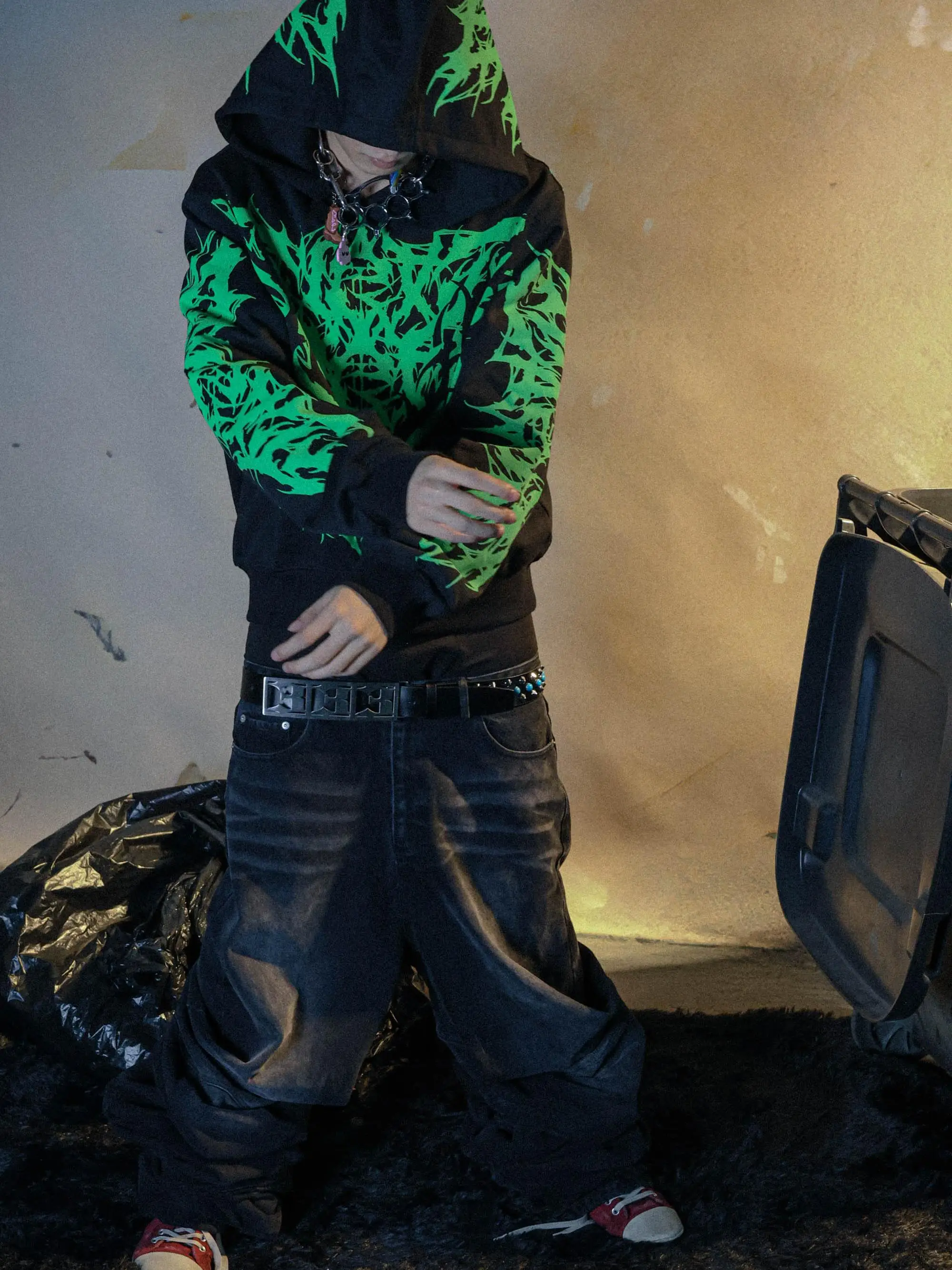 

PCCVISION AN0N een Print Hooded Sweatirt Bla Street Sle Loose Fit Youth Casual Wear All Seasons