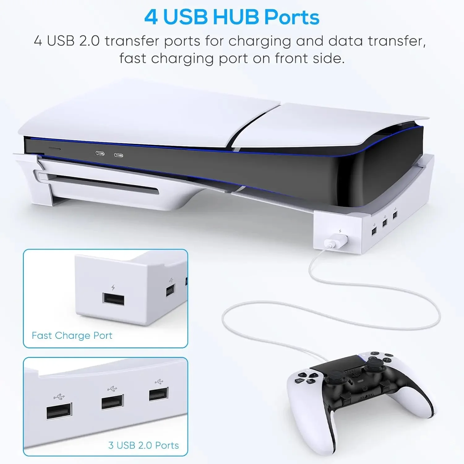 حامل أفقي IPEGA لوحدة التحكم PS5 النحيفة مع قاعدة محور USB ذات 4 منافذ لقرص PS5 النحيف وحامل قاعدة وحدة التحكم في الألعاب الرقمية