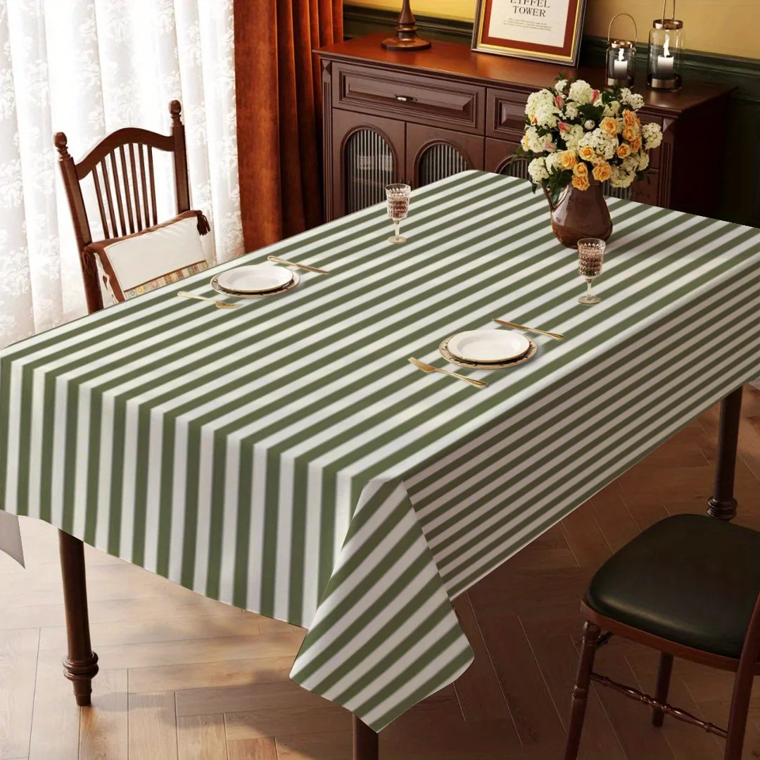 One washable polyester tablecloth, with green and white stripes, rectangular shape.