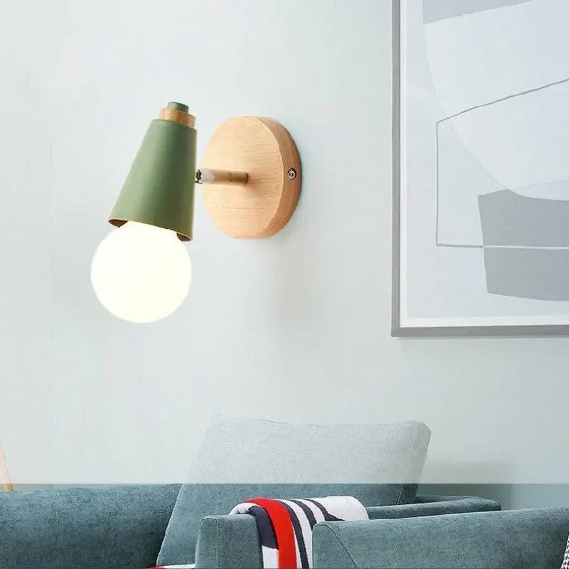 Modern Macaron Wall Lamp Iron Wood Mirror Light Bedside Bedroom Indoor Lighting E27 Light Bulb Retro LED Wall Light Nordic