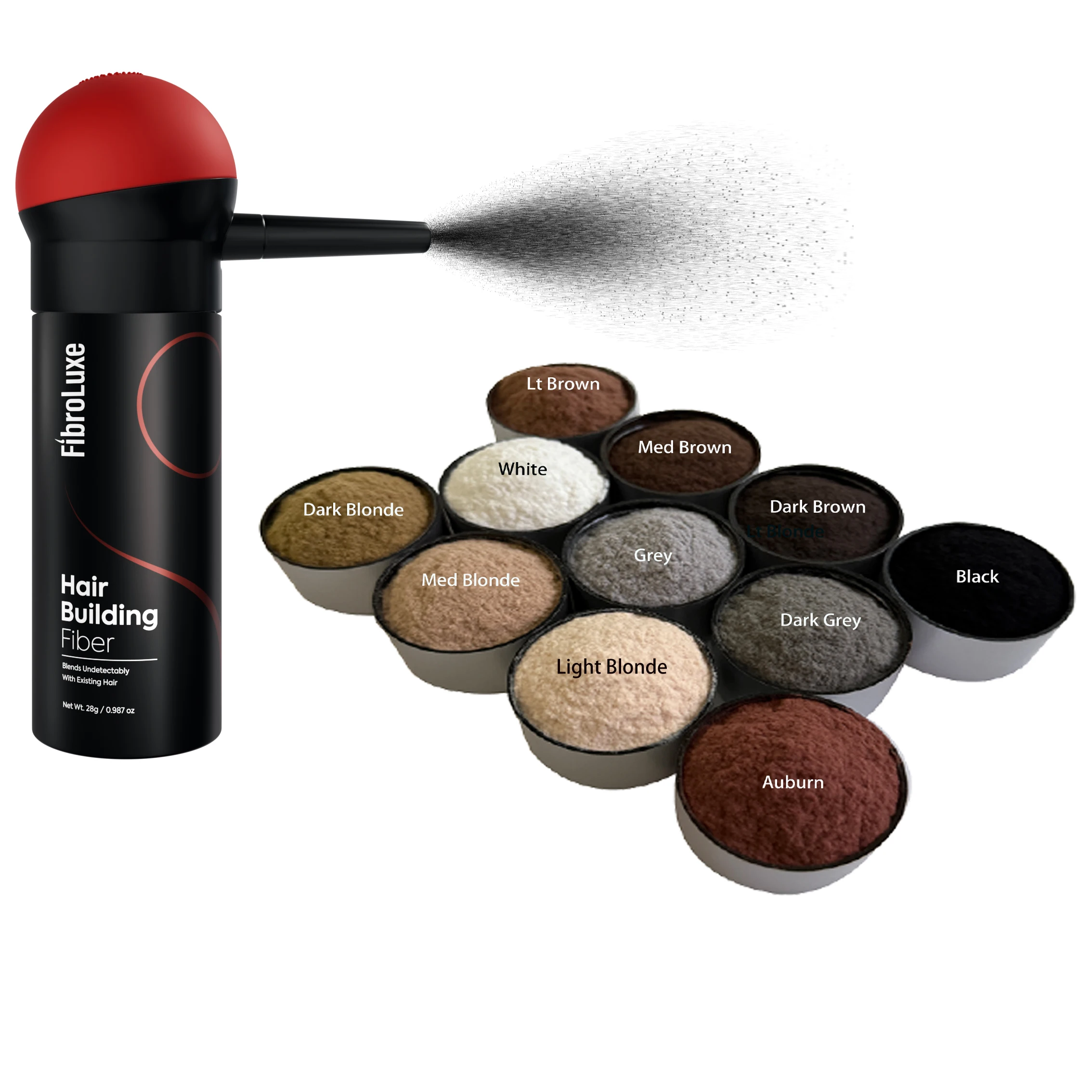 28g Hair Building Fibers come with a universal detachable powder sprayer, offering 11 color options. It's a natural concealing p