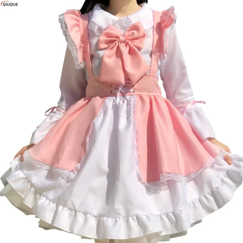 Traje de sirvienta unisex, Vestido largo de lolita rosa, vestido de princesa de anime, delantal, disfraz de cosplay