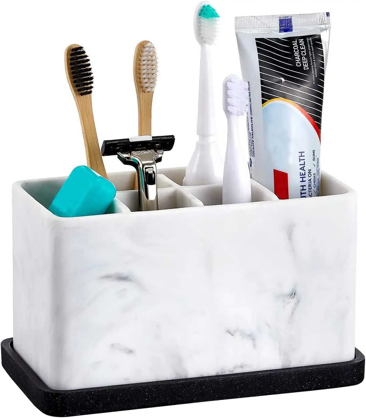 

Marble Toothbrush Holder for Bathroom Countertop Organizer with 6 Compartments, Holds Toothpaste, Razor, Makeup Brushes, and