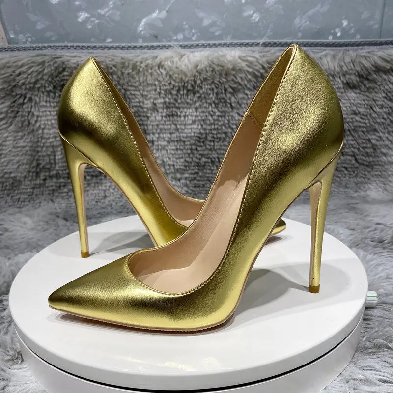 Gold Matte Sheep Pattern Single Shoe Comfortable 34-43 Size Red Sole DE 8-10-12cm Slim Heel Super High Heels Shallow Pointed Toe view 3