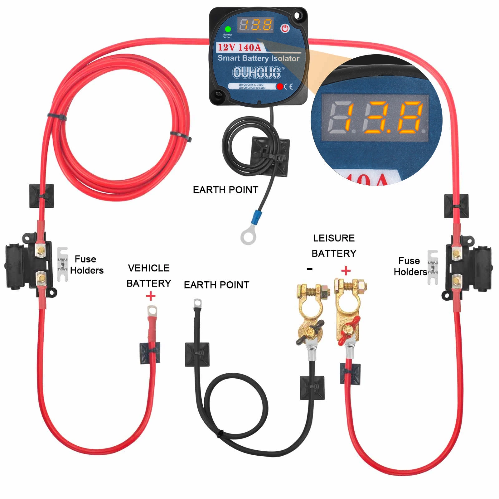 RV Split Charge Relay Kit,12V 140 Amp Smart Dual Battery Isolator Kit IP68 Voltage Sensitive Relay VSR For Truck ATV UTV Boat