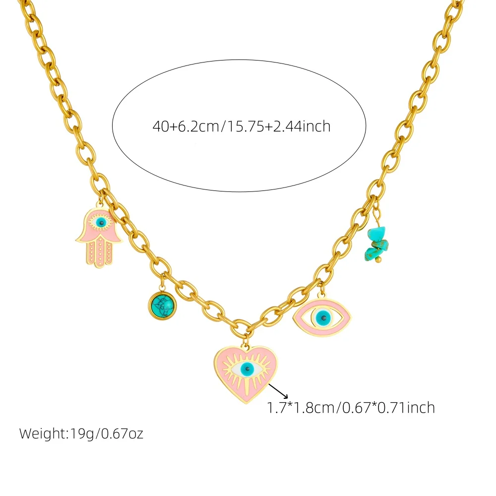 LAMENGLY 316L Stainless Steel Exaggerated Eyes Pink Heart Eyeball Palm Pendant Necklace Women Classy Non-Fading Clavicle Chain