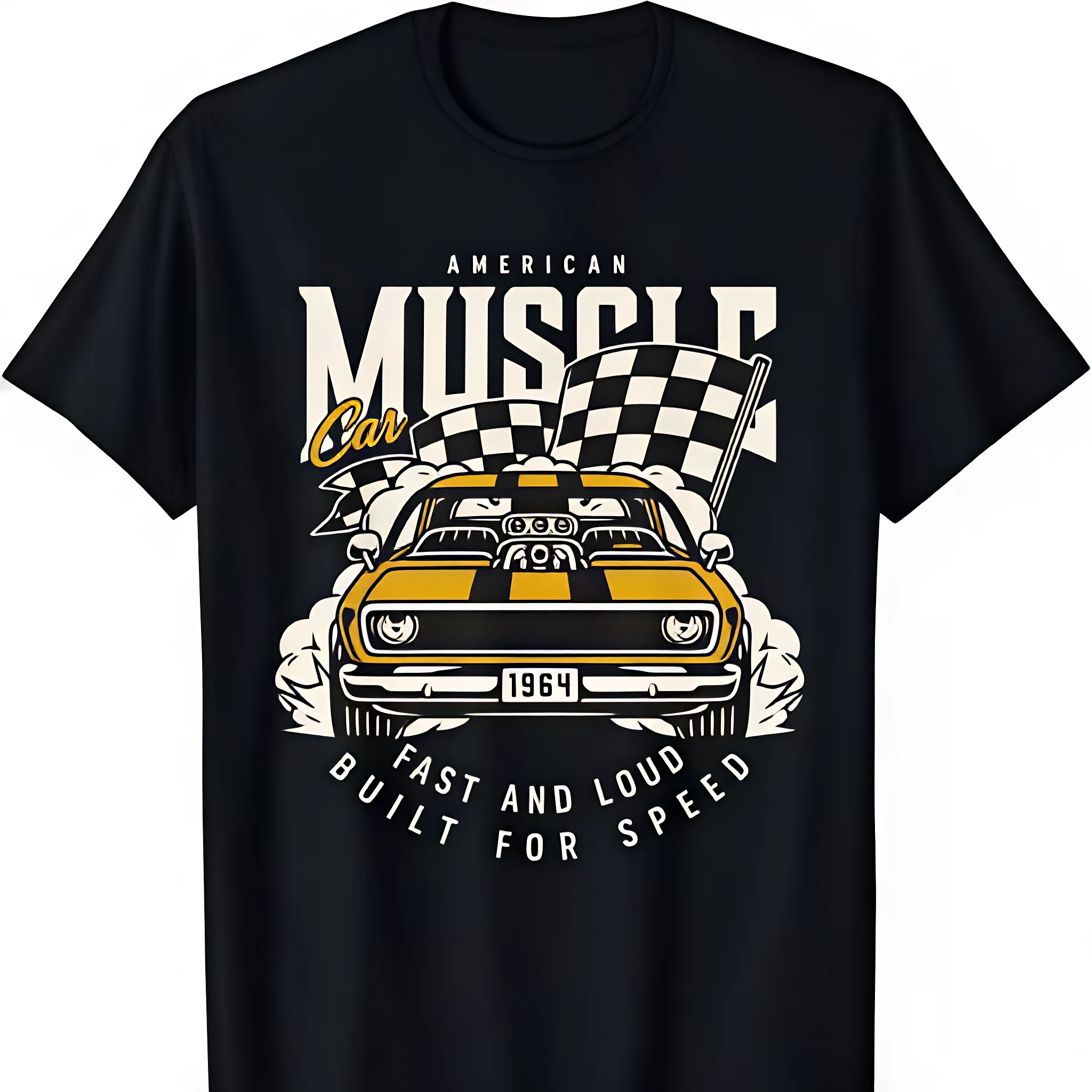Vintage American Muscle Car Racing Flag Graphic T‑Shirt Men Retro Streetwear Short Sleeve Casual Camisetas