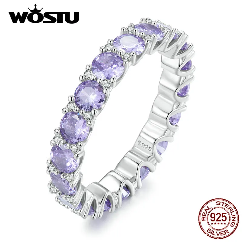 WOSTU Big Multi Mystic Purple Crystal Clear CZ Eternity Rings For Women 925 Sterling Silver Wedding Anillo Romantic Jewelry Gift