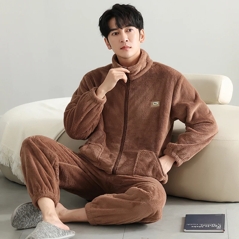 Autumn Winter Thick Warm Flannel Pajamas Set  Men's Coral Fleece Pijama Hombre M-4XL Casual Soft Pyjama