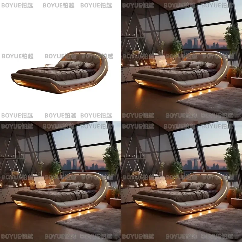Italian Minimalist Leather Bed Frame Modern Light Luxury Double Bed for Master Bedroom Simple Upholstered Platform with