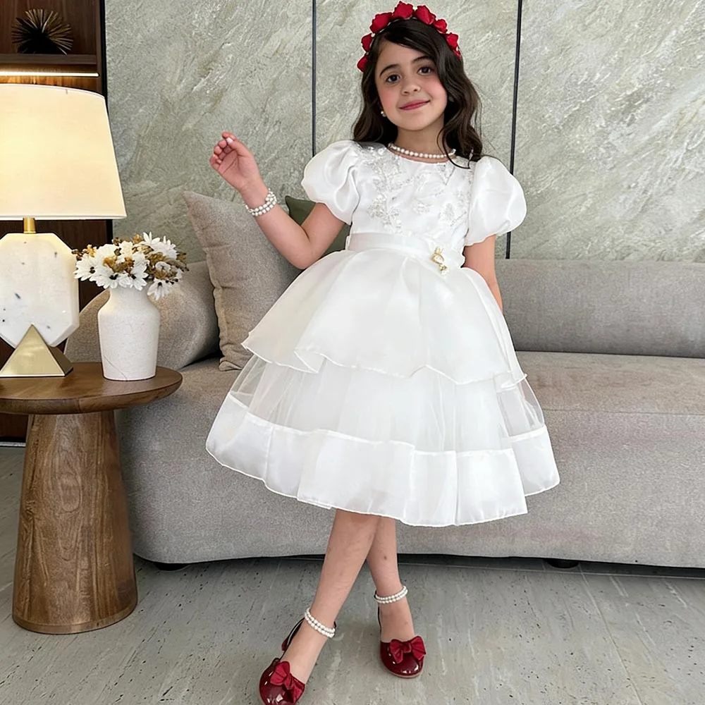 Elfenbeinfarbenes Geburtstagskleid, niedliche Blumenmädchenkleider, A-Linien-Kleid für Mädchen, Perlen, kurzes Mädchen-Prinzessinnenkleid, Blumen-Puffkleid für Kinder