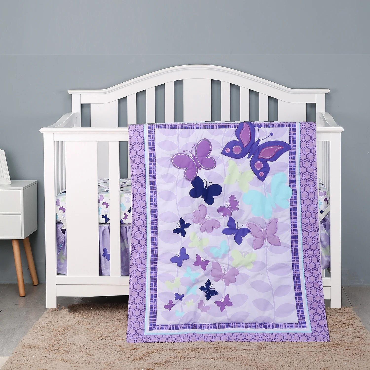 

3Pcs Purple Butterfly Toddler Baby Bedding Set For Girls Soft Baby Crib Bed Sheets (Crib Comforter Fitted Sheet Crib Skirt)