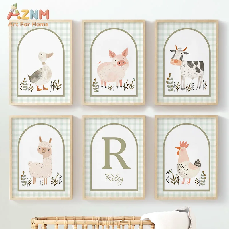 AZNM Cute Farm Animals Duck Pig Cow Llama Roar Canvas Wall Art, Soft Gingham Arch Nursery Initial Letter Decor Unframed Print Fo