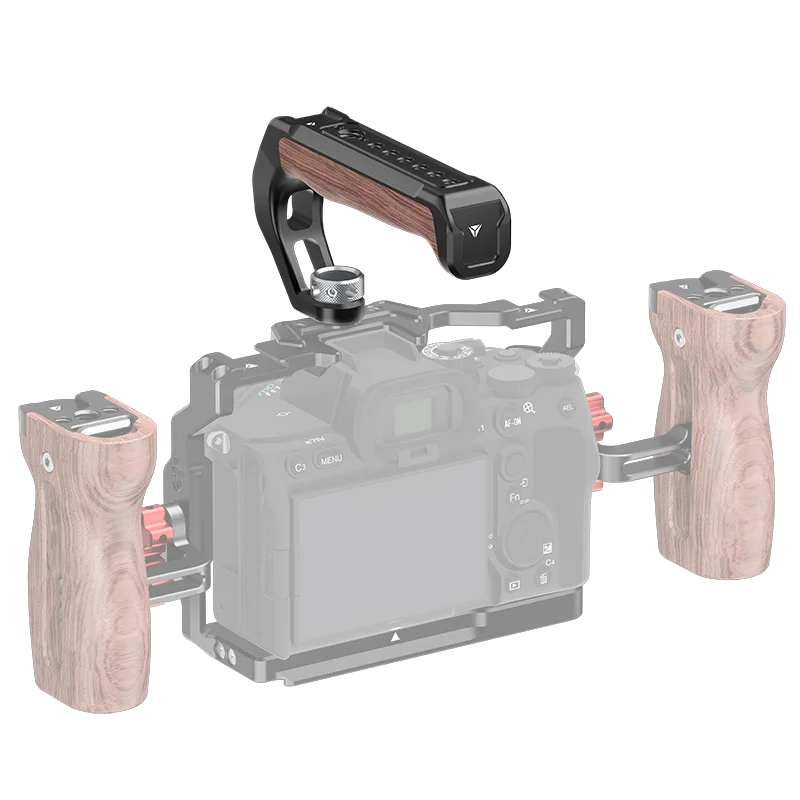 

Клетка для камеры из алюминиевого сплава, левая/правая деревянная рукоятка с верхней ручкой, винтовое отверстие 1/4, крепление для холодной башмака для зеркальной фотокамеры DSLR