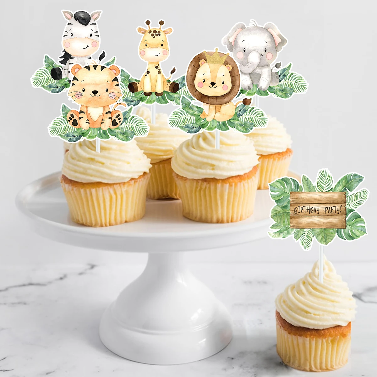 Jungle Animal Cupcake Cake Toppers Happy Birthday Party Decorations Kids Baby Shower Wild One Safari Birthday PartySuppiles