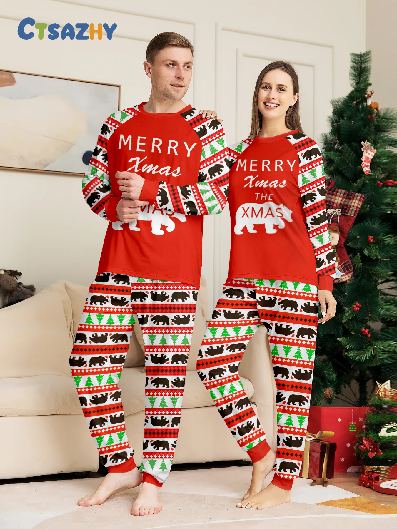

Xmas Couple Pajamas Set "Merry Xmas" Bear Christmas Tree Print Raglan Sleeve Red Sleepwear