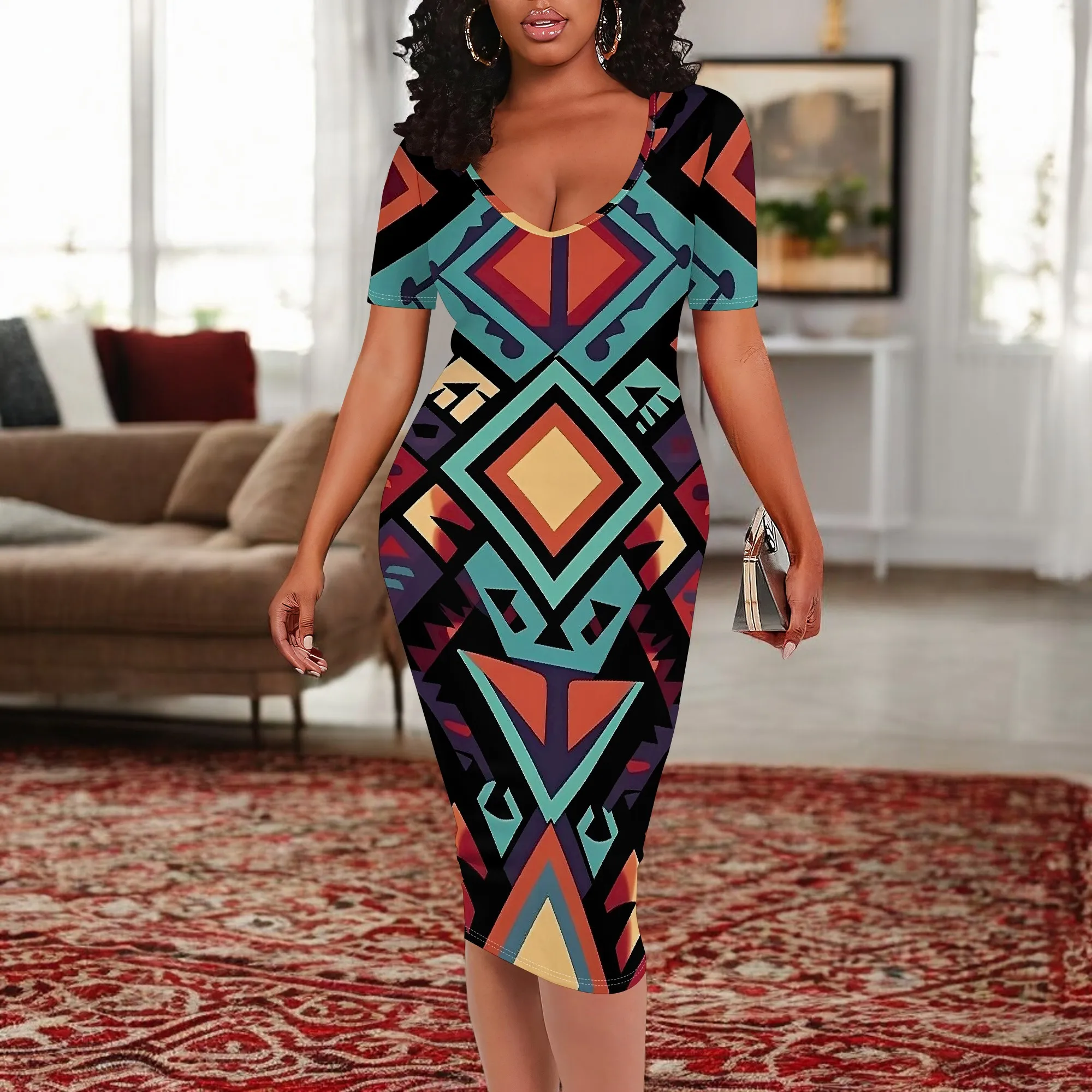 

Women's Ethnic Bodycon Dress 2025 African Geometric Print Casual Party Wear Slim Fit Midi Dress XS-3XL