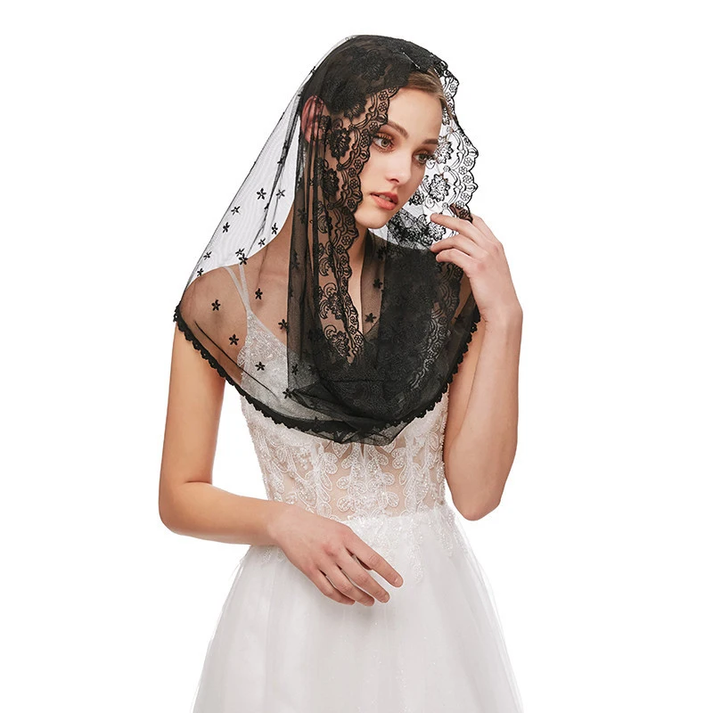 Women White Black Muslim Headscarf Fashion Wedding Bridal Lace Veil One-Layer Hollow Out Lace Shawl